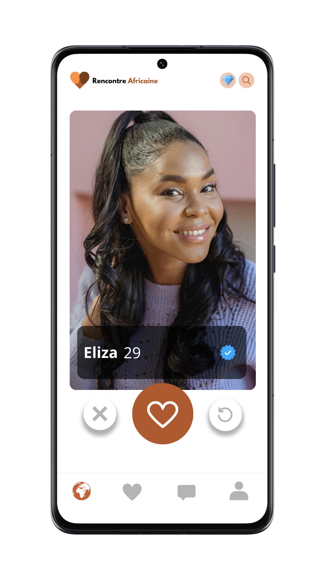 Interface de l'application Rencontre Africaine : profil d'une célibataire à découvrir
